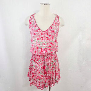 Poupette St. Barth Ola Printed Bohemian V-Neck Mini Dress Floral pink sz medium